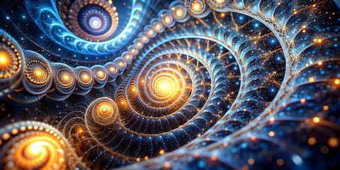 Cosmic Whirlpool of Energy: An abstract fractal art piece swirling with vibrant blue and golden hues, resembling a celestial vortex of interconnected galaxies and radiant stars. 
