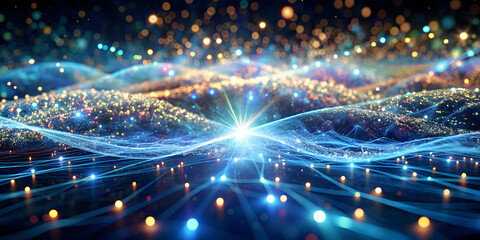 Fototapeta premium Cosmic Data Streams: A mesmerizing spectacle of vibrant lights forming ethereal waves, symbolizing the flow of information and the interconnectedness of the digital age. 