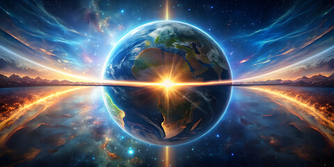 Obraz premium Cosmic Dawn: Earth's Radiant Rebirth - A breathtaking spectacle of our planet bathed in celestial light, reflecting on a mirrored horizon, symbolizing renewal, hope, 