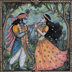 A painting depicts Krishna playing a flute for Radha in a forest setting.