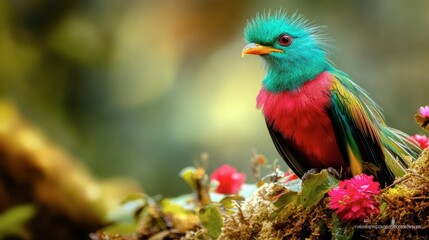 Obraz premium A colorful quetzal bird perched in the wild, showcasing its iridescent green and red plumage in a natural habitat.