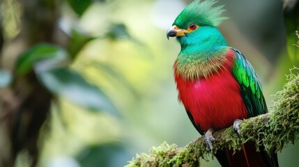 A colorful quetzal bird perched in the wild, showcasing its iridescent green and red plumage in a natural habitat.