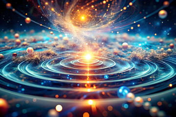 Cosmic Symphony: A mesmerizing abstract artwork depicting a vibrant, swirling nebula with glowing orbs and ethereal lines. The image evokes a sense of wonder, mystery