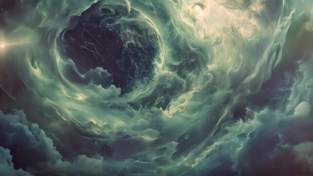 A dark, spherical entity is surrounded by swirling, topaz-colored clouds in deep space, A mysterious cosmic entity