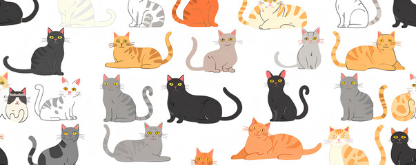  seamless pattern of various cute cartoon cats, in shades of grey and brown with orange eyes, on a white background, reating an attractive design for pet lovers who love their feline friends