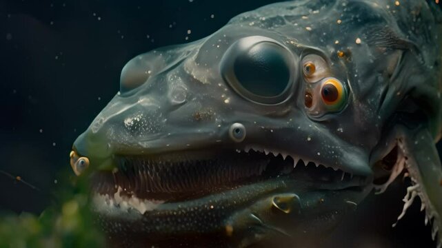 A close-up of a deep-sea dragonfish, showing its sharp teeth and bioluminescent lures, A mysterious creature of the deep sea