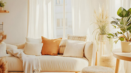 A cozy living room with soft pillows, natural light, and indoor plants.