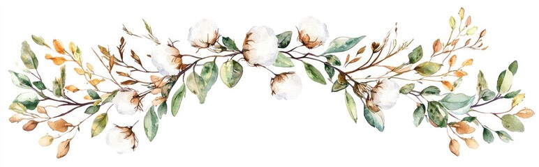 Elegant Watercolor Floral Arrangement Featuring Cotton and Green Leaves for Home Decoration