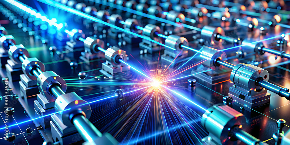 Poster the convergence of technology: an abstract visualization of interconnected gears and beams of light,