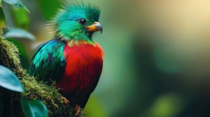 Obraz premium A colorful quetzal bird perched in the wild, showcasing its iridescent green and red plumage in a natural habitat.
