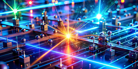 Obraz premium Quantum Network Symphony: A mesmerizing 3D render of a complex network, pulsating with vibrant energy, symbolizing the power and potential of interconnected data in the digital age.