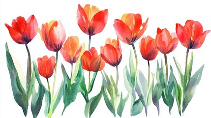 Obraz premium Vibrant Red Tulips in Watercolor: A Captivating Floral Delight for Nature Enthusiasts