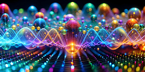 Chromatic Symphony: A mesmerizing dance of vibrant, iridescent spheres pulsating with energy, set against a dark backdrop, evoking a sense of wonder and the magic of the unseen. 
