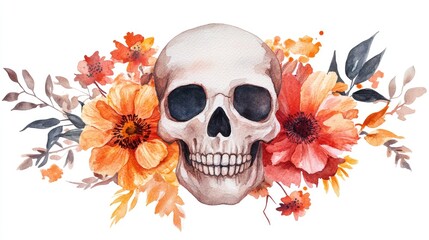 Fototapeta premium A Vibrant Watercolor Composition Featuring a Skull Surrounded by Blooming Flowers