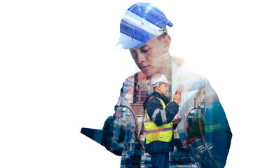 The double exposure image of the engineer thinking overlays with cityscape image with copy space. The concept of engineering, construction, futuristic and industry.