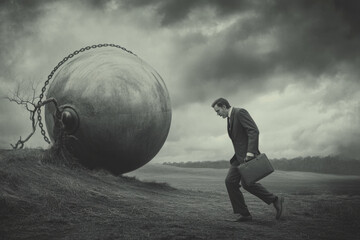 A man in a suit with a briefcase walking towards a giant snail, in the style of surrealist black and white photography. Created with Ai