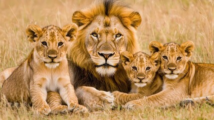 Obraz premium Lion Pride Family Portrait with Cubs in Grass
