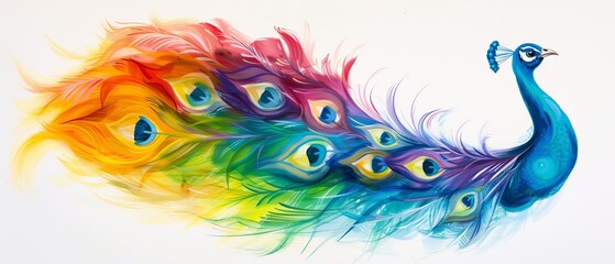 Fototapeta premium peacock faced sideways, tail feathers fanned out