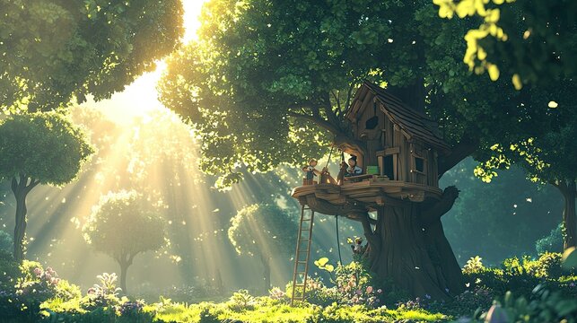 A 3D cartoon forest adventure with children exploring by a stream, a vibrant sky above, leaving room for text.