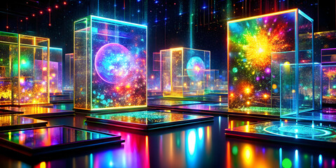 Neon Prismatic Spheres in Glass Cubes: A mesmerizing display of vibrant, glowing spheres encased in transparent glass cubes, bathed in a kaleidoscope of neon light against a dark backdrop. 