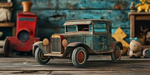 Rusty toy car on wooden surface with toys.
