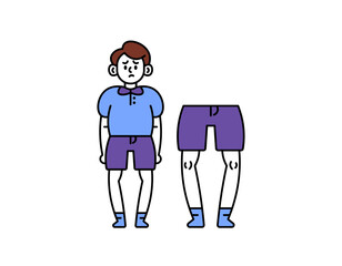 concept of O-legs or bowlegs. genu varum. symptoms of blount's disease. bone disorders. illustration of a boy with O-shaped legs. problems with body shape. outline style character design. elements