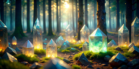 Crystal Sanctuary: Dawn's ethereal light illuminates a circle of luminous quartz crystals nestled within a verdant forest, evoking an aura of magic and tranquility.