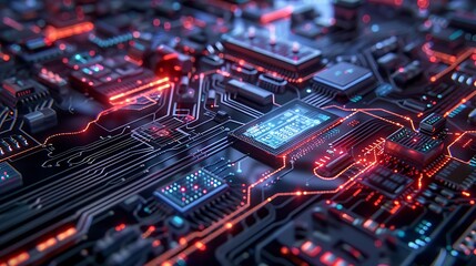 Obraz premium Abstract circuit neon light with secure data paths, cybersecurity, complex yet navigable defense, abstract artwork, abstract background, aesthetic wallpaper, abstract landscape, digital networking