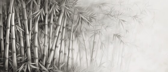  A black-and-white image of bamboo stalks before a foggy, grey sky against a matching black-and-white backdrop