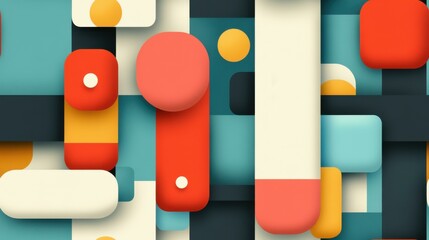 An intricate geometric web of shapes in teal, coral, and mustard, balanced with ivory and charcoal for added depth.