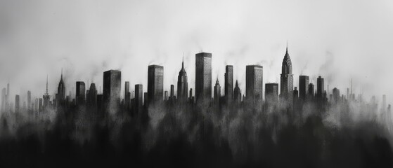 Fototapeta premium A monochrome image of a smoky cityscape with buildings emitting substantial plumes of smoke
