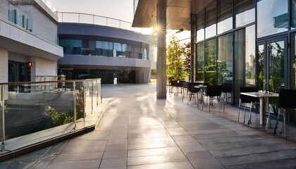 Obraz premium オンラインミーティング用背景 テレビ会議背景用 ZOOM会議背景用 オフィスビルエントランス カフェテリア テラス 玄関 正面 video conferencing for using in video conference and as a zoom background