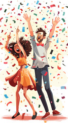 Happy and Lucky Couple or Friends Celebrating Winning Lottery or Contest, Big Box with Confetti and Cash Money Prize, Rewarding Victory