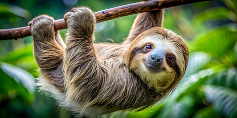 Smiling Sloth in the Canopy: A captivating portrait of a sloth hanging upside down from a branch, its gentle smile radiating tranquility amidst the lush rainforest. 