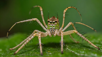 Green Lynx Spider Close-up: A vibrant green Lynx spider with striking eyes and hairy legs, captured in a close-up shot. The intricate details of its body and the surrounding foliage are showcased