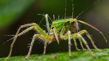 Green Lynx Spider Close-up: A vibrant green Lynx spider with striking eyes and hairy legs, captured in a close-up shot. The intricate details of its body and the surrounding foliage are showcased