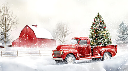 Christmas and New Year background with red pickup truck and Christmas tree.