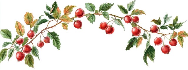 Fototapeta premium Vibrant Red Berries on a Leafy Branch: A Captivating Watercolor Botanical Illustration