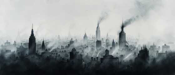 Fototapeta premium A black-and-white cityscape painting with smoke rising from its spires