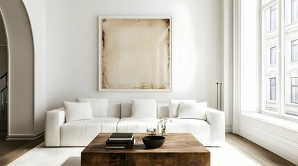 A minimalist living room featuring a white sofa, wooden coffee table, and large artwork.