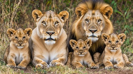 Lion Family Portrait   Proud Parents with Adorable Cubs