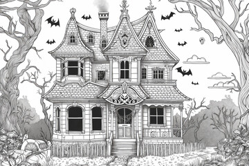 Intricate illustration of a spooky haunted house with bats flying around, perfect for halloween themed coloring activities