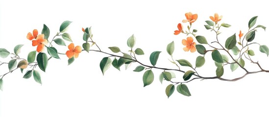 Elegant Watercolor Illustration of Branch with Orange Flowers and Green Leaves
