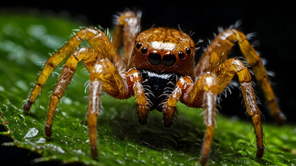 Macro Photography of a Jumping Spider: A captivating closeup of a small, brown jumping spider with large, prominent eyes, showcasing the intricate details of its anatomy and the beauty of nature.  