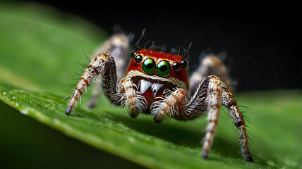 Fototapeta premium Jumping Spider Close-up: A captivating macro shot of a vibrant jumping spider with striking red eyes, perched on a green leaf, showcasing intricate details and a curious gaze. 