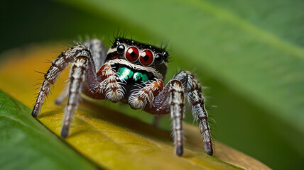 Fototapeta premium Jumping Spider Close-up: A captivating macro shot of a vibrant jumping spider with striking red eyes, perched on a green leaf, showcasing intricate details and a curious gaze. 