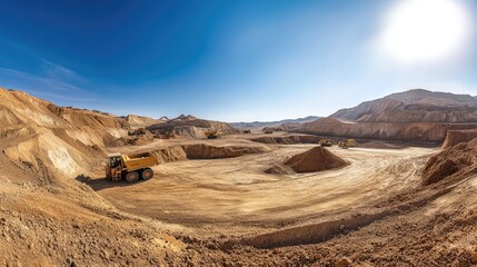 A panoramic view of a mining site with heavy machinery and a clear blue sky.