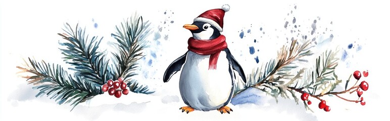 Fototapeta premium Adorable Penguin in Festive Scarf Amidst Winter Wonderland with Snow and Pine
