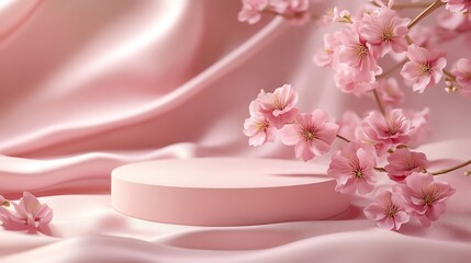 A Round Podium with a Branch of Sakura Cherry Blossoms