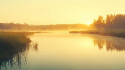 Obraz premium Golden Sunrise over Foggy Lake with Reflections